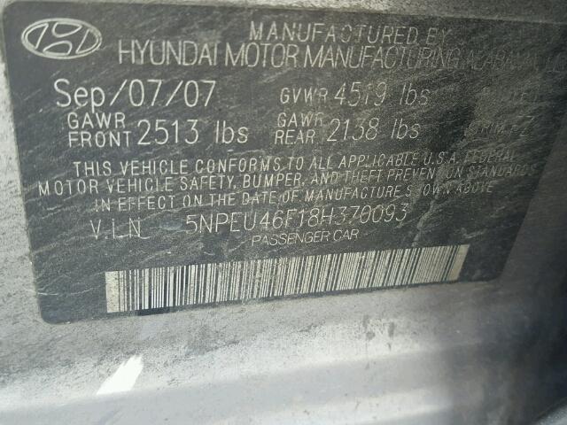 5NPEU46F18H370093 - 2008 HYUNDAI SONATA SE SILVER photo 10