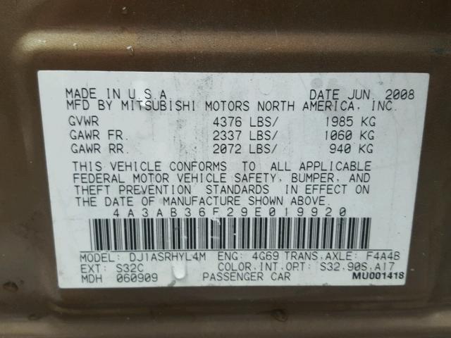 4A3AB36F29E019920 - 2009 MITSUBISHI GALANT ES GOLD photo 10