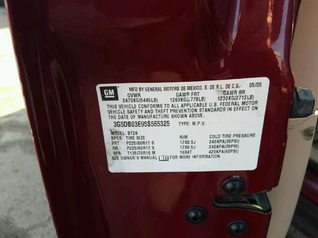 3G5DB03E95S565325 - 2005 BUICK RENDEZVOUS MAROON photo 10