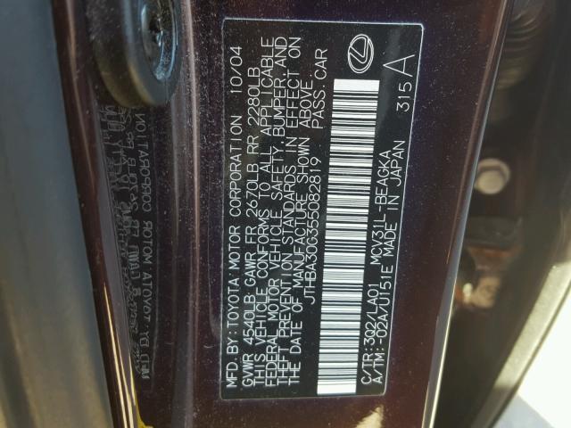 JTHBA30G355082819 - 2005 LEXUS ES 330 MAROON photo 10