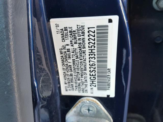 2HGES26733H522221 - 2003 HONDA CIVIC EX BLUE photo 10