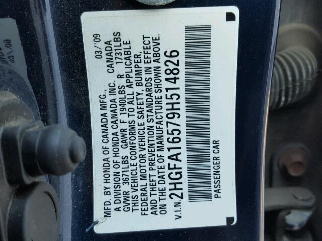 2HGFA16579H514826 - 2009 HONDA CIVIC LX BLUE photo 10