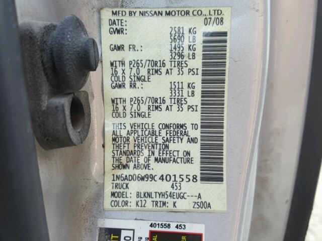 1N6AD06W99C401558 - 2009 NISSAN FRONTIER K SILVER photo 10