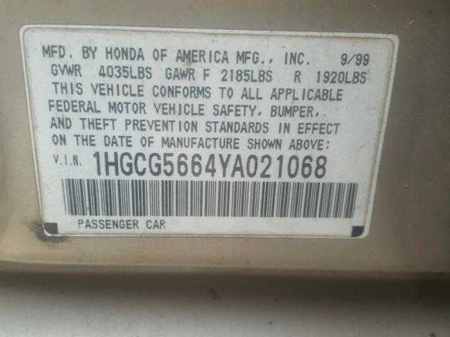 1HGCG5664YA021068 - 2000 HONDA ACCORD EX GOLD photo 10