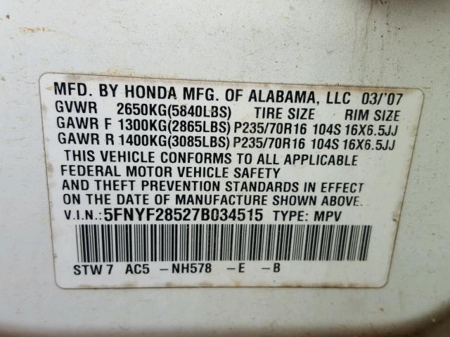 5FNYF28527B034515 - 2007 HONDA PILOT EXL WHITE photo 10