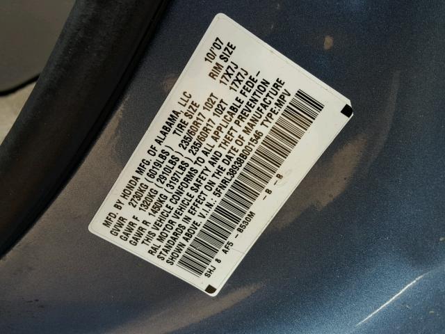 5FNRL38938B001546 - 2008 HONDA ODYSSEY TO BLUE photo 10