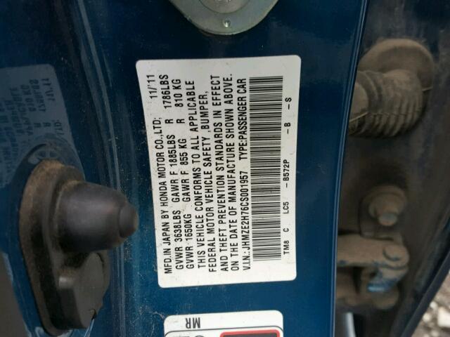 JHMZE2H76CS001957 - 2012 HONDA INSIGHT EX BLUE photo 10