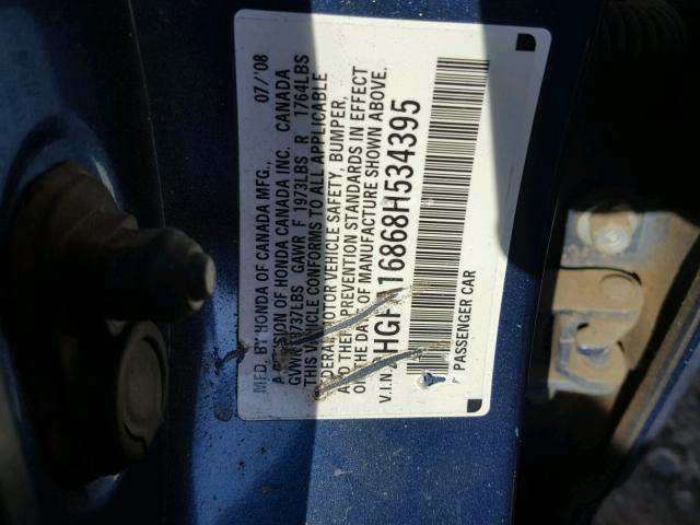 2HGFA16868H534395 - 2008 HONDA CIVIC EX BLUE photo 10