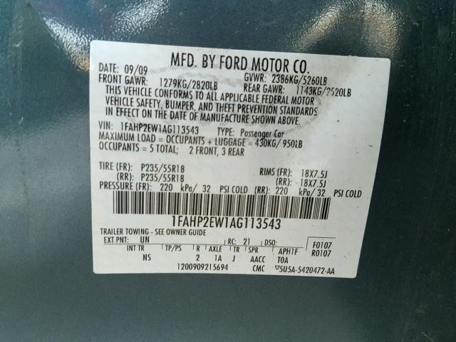 1FAHP2EW1AG113543 - 2010 FORD TAURUS SEL BLACK photo 10