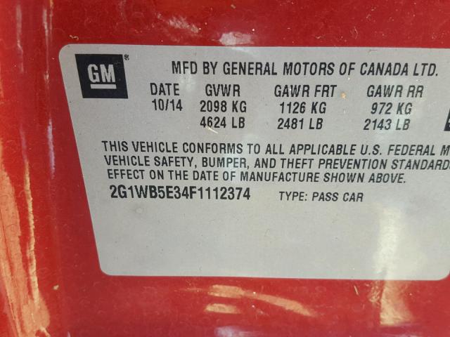 2G1WB5E34F1112374 - 2015 CHEVROLET IMPALA LIM RED photo 10