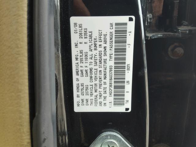 1HGCP36818A037993 - 2008 HONDA ACCORD EXL BLACK photo 10