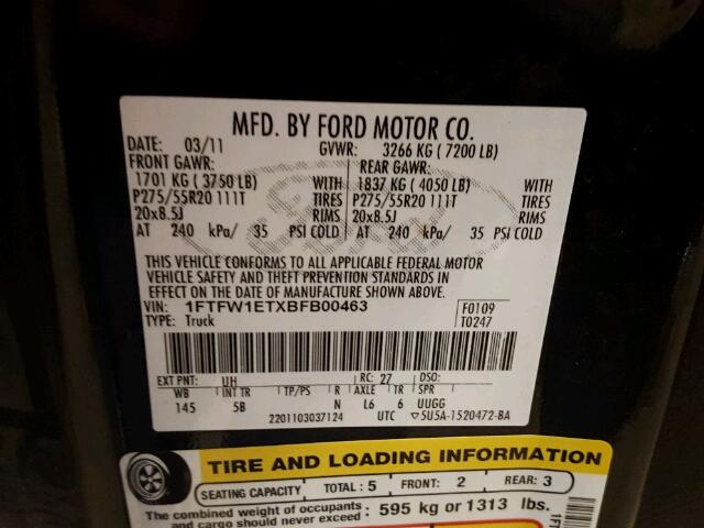 1FTFW1ETXBFB00463 - 2011 FORD F150 SUPER BLACK photo 10