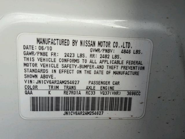 JN1CV6AR2AM254627 - 2010 INFINITI G37 WHITE photo 10