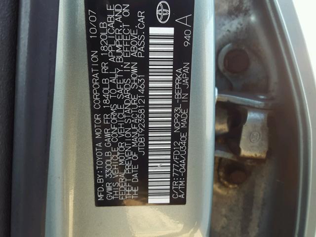 JTDBT923581214631 - 2008 TOYOTA YARIS TEAL photo 10