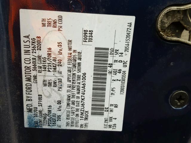 1FMZU67K74UA61006 - 2004 FORD EXPLORER S BLUE photo 10