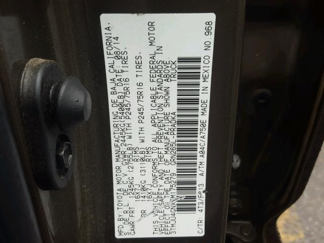 3TMJU4GNXFM175279 - 2015 TOYOTA TACOMA DOU BROWN photo 10