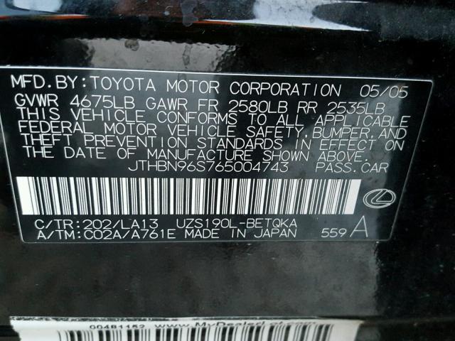 JTHBN96S765004743 - 2006 LEXUS GS GENERAT BLACK photo 10