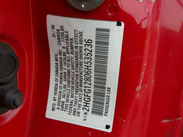 2HGFG12806H535236 - 2006 HONDA CIVIC EX RED photo 10