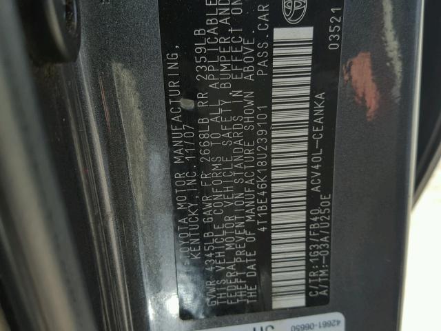 4T1BE46K18U239101 - 2008 TOYOTA CAMRY CE GRAY photo 10