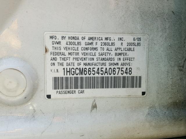 1HGCM66545A067548 - 2005 HONDA ACCORD EX WHITE photo 10