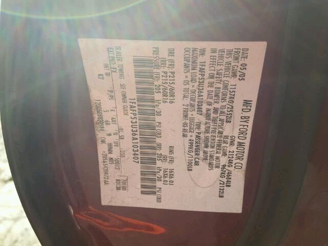 1FAFP53U36A103407 - 2006 FORD TAURUS SE MAROON photo 10