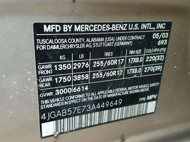 4JGAB57E73A449649 - 2003 MERCEDES-BENZ ML 350 BEIGE photo 10