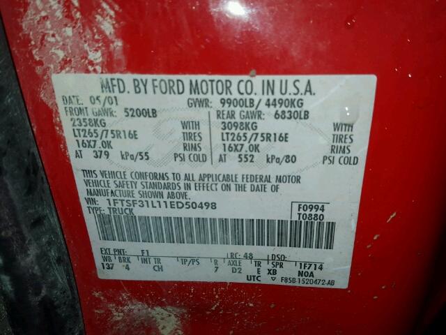 1FTSF31L11ED50498 - 2001 FORD F350 SRW S RED photo 10