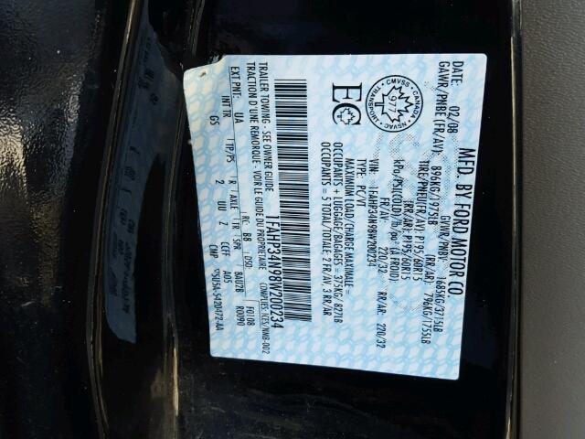 1FAHP34N98W200234 - 2008 FORD FOCUS S/SE BLACK photo 10