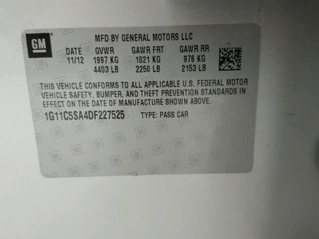 1G11C5SA4DF227525 - 2013 CHEVROLET MALIBU 1LT ვერცხლისფერი ფოტო 10