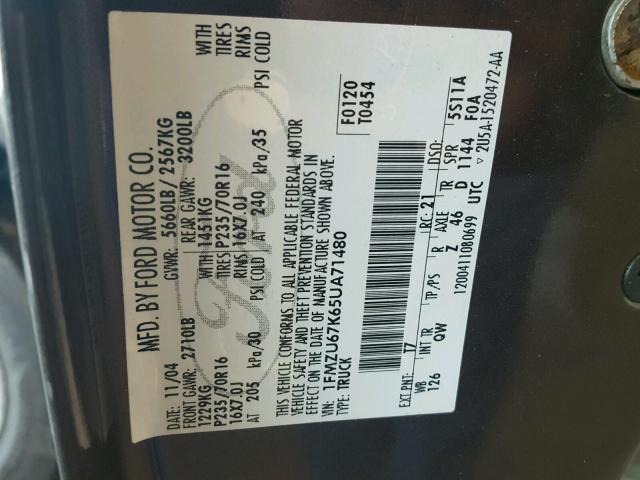 1FMZU67K65UA71480 - 2005 FORD EXPLORER S GRAY photo 10