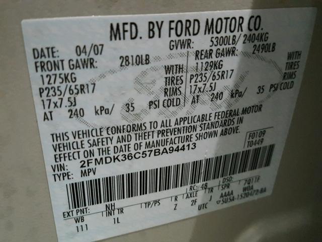 2FMDK36C57BA94413 - 2007 FORD EDGE SE BEIGE photo 10