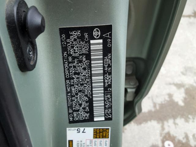 JTDKB20U573227193 - 2007 TOYOTA PRIUS GREEN photo 10