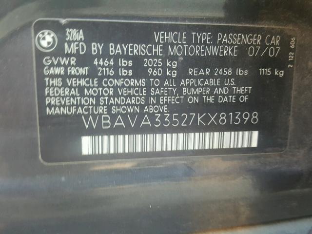 WBAVA33527KX81398 - 2007 BMW 328 I GRAY photo 10