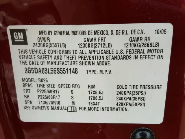 3G5DA03L56S551148 - 2006 BUICK RENDEZVOUS MAROON photo 10