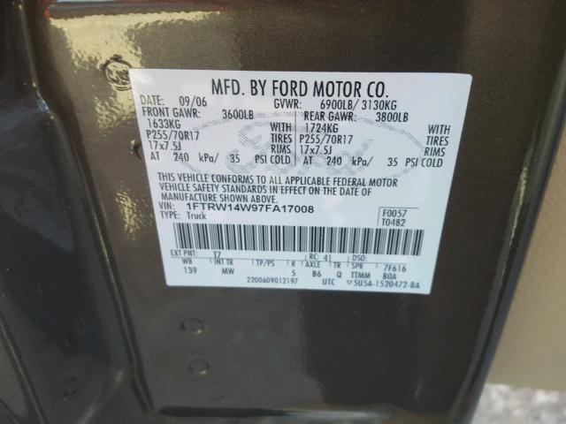 1FTRW14W97FA17008 - 2007 FORD F150 SUPER GRAY photo 10