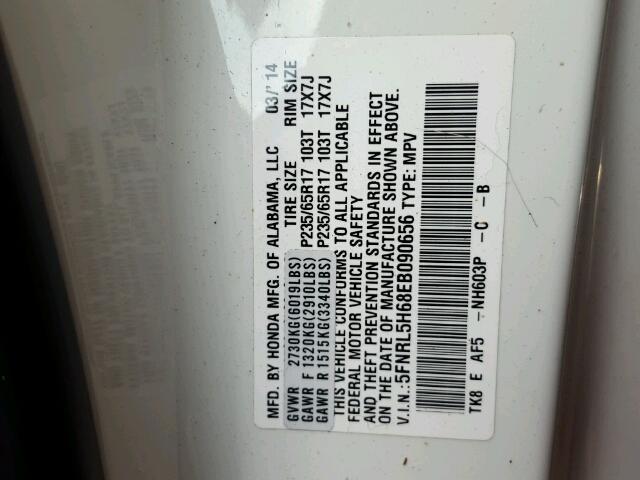 5FNRL5H68EB090656 - 2014 HONDA ODYSSEY EX WHITE photo 10