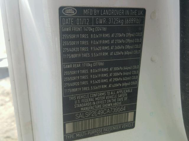 SALSP2E49CA739564 - 2012 LAND ROVER RANGE ROVE WHITE photo 10