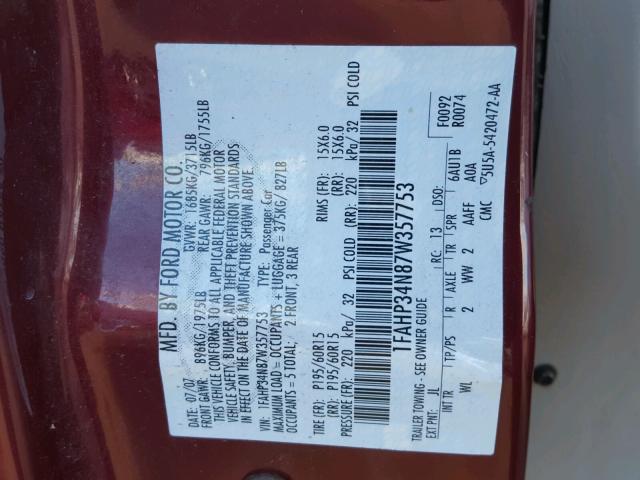 1FAHP34N87W357753 - 2007 FORD FOCUS BURGUNDY photo 10