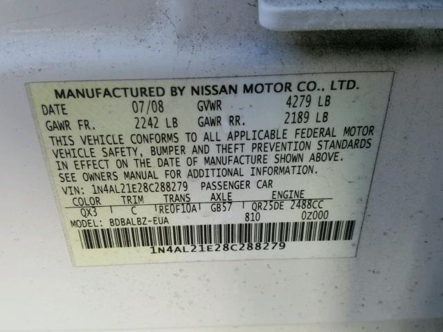 1N4AL21E28C288279 - 2008 NISSAN ALTIMA 2.5 WHITE photo 10