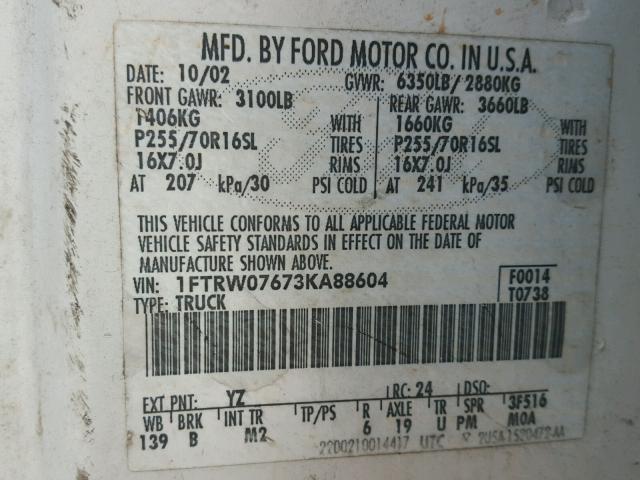 1FTRW07673KA88604 - 2003 FORD F150 SUPER WHITE photo 10