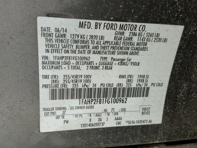 1FAHP2F81FG100962 - 2015 FORD TAURUS LIM GRAY photo 10