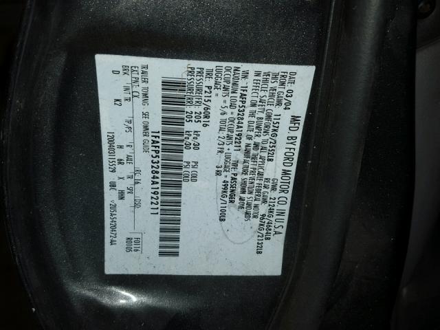 1FAFP53284A192211 - 2004 FORD TAURUS SE GRAY photo 10