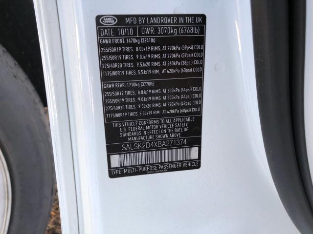 SALSK2D4XBA271374 - 2011 LAND ROVER RANGE ROVE WHITE photo 10