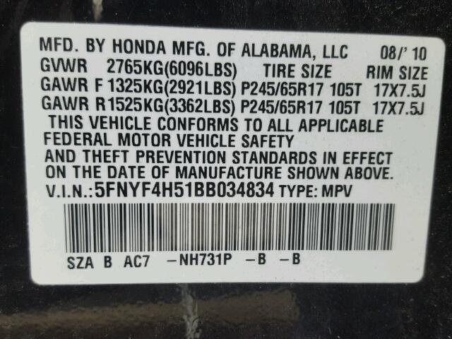 5FNYF4H51BB034834 - 2011 HONDA PILOT EXL BLACK photo 10