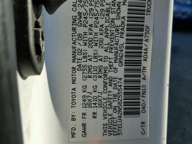 5TELU42N58Z555474 - 2008 TOYOTA TACOMA DOU WHITE photo 10