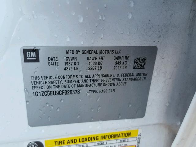 1G1ZC5EU9CF326378 - 2012 CHEVROLET MALIBU 1LT 白色 照片 10