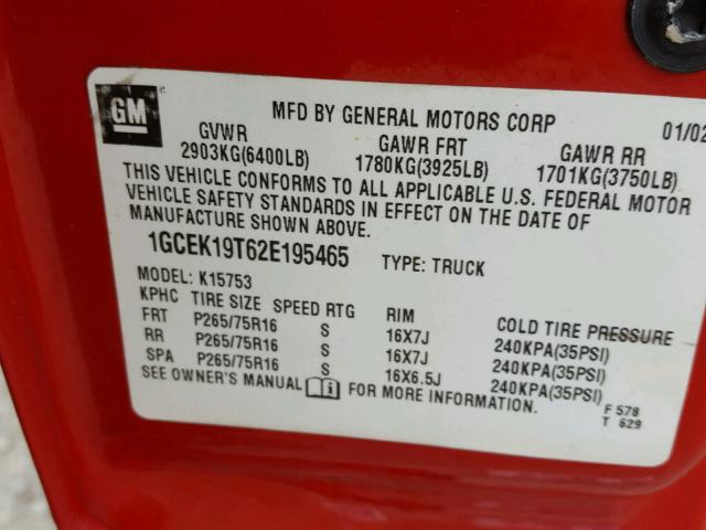 1GCEK19T62E195465 - 2002 CHEVROLET SILVERADO RED photo 10