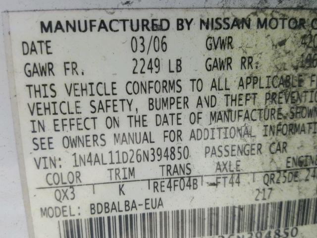 1N4AL11D26N394850 - 2006 NISSAN ALTIMA S WHITE photo 10