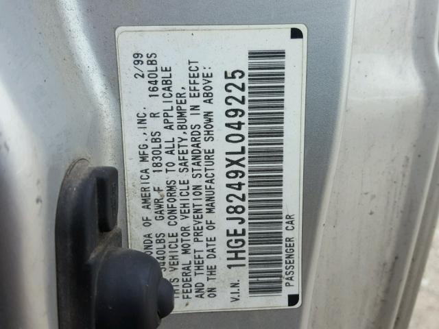 1HGEJ8249XL049225 - 1999 HONDA CIVIC EX SILVER photo 10