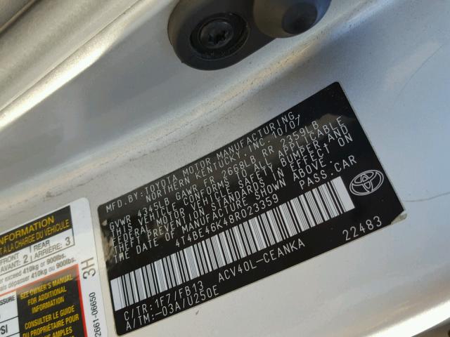 4T4BE46K48R023359 - 2008 TOYOTA CAMRY CE SILVER photo 10